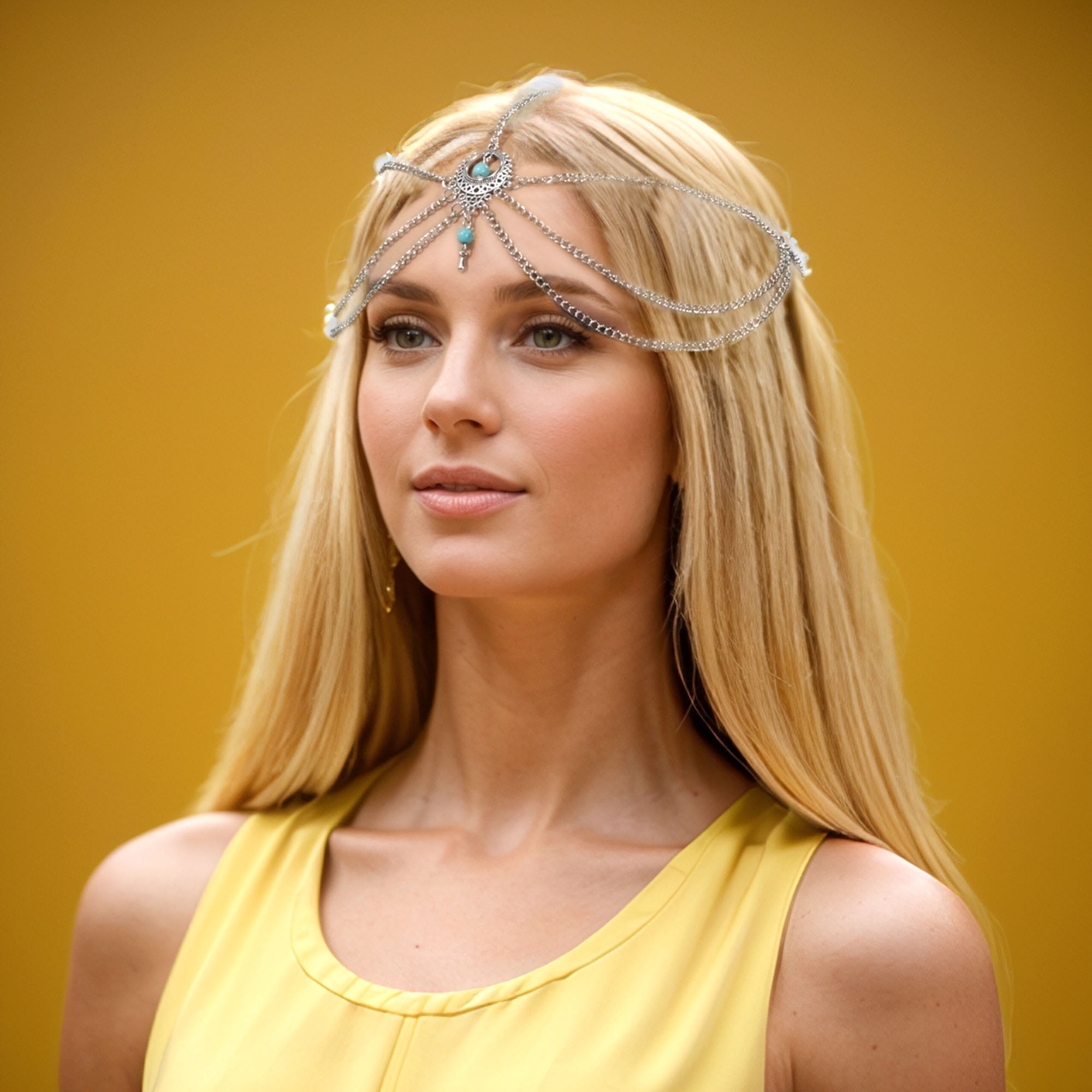 Unique Bargains Headpiece Multi-layered Turquoise Head Chain Silver Tone 1 Pc