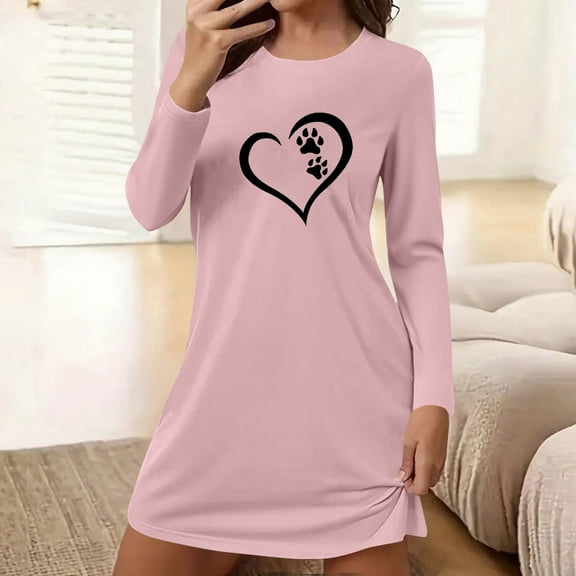 Long Sleeve Dress for Women Heart Printed Soft Cotton Pajamas T-shirt Mini Dresses Nightgown Fall Casual Dress (XL, Pink)
