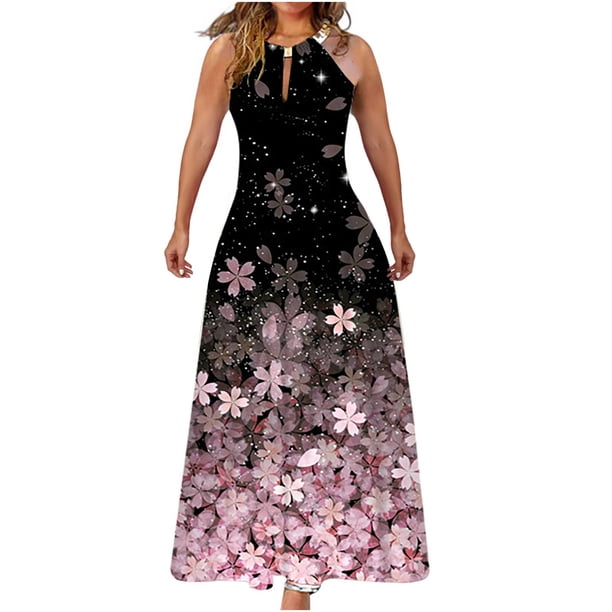 Vestido sin mangas con hombros descubiertos y cuello redondo estampado a la moda de verano para mujer Pompotops ghjkhdj6474