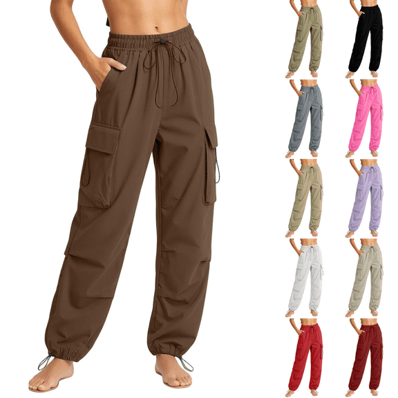 Yuanlook Women Drawstring Waist Jogger Cargo Pants, Adjustable Toggle Waist & Cuffs Multi Flap Cargo Pockets Lightweight Outdoor Trousers S-XXXL