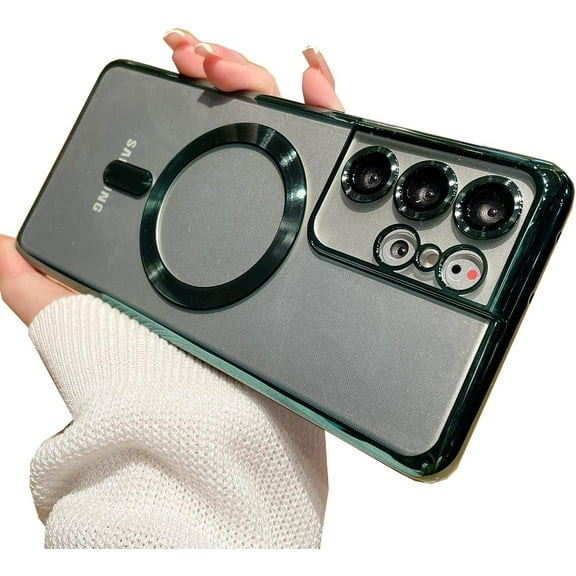 for Samsung Galaxy S23 Ultra Case Compatible with Magsafe Wireless Charging,with Camera Protector Transparent Luxury Phone Case for Samsung Galaxy S23 Ultra Slim Soft Cover (Green)