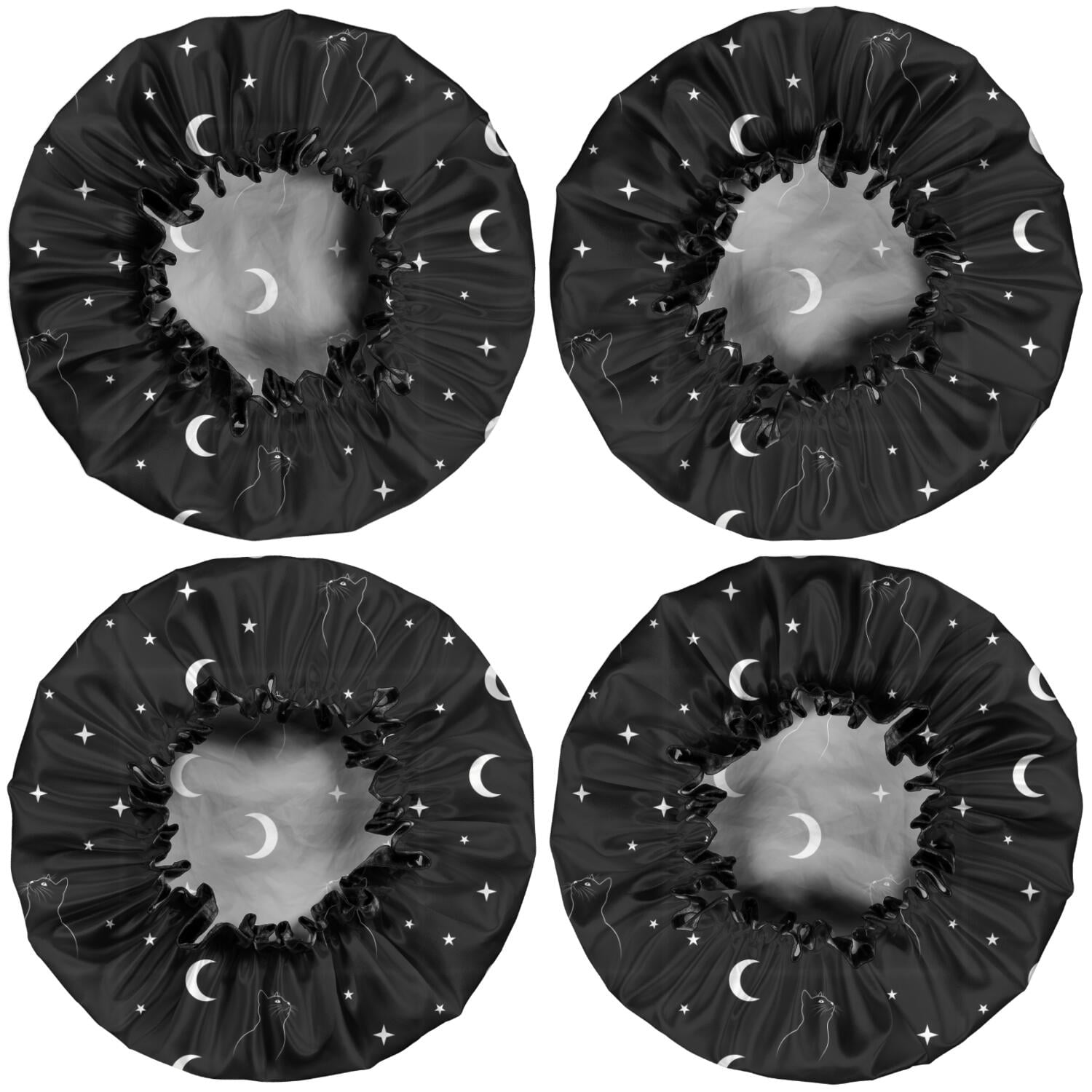 Shower Caps,Black White Cat Moon Star Pattern Waterproof Shower Cap for Women 4 Pieces,Double Reusable Hair Cover for Shower PEVA Elastic Stretch Hem