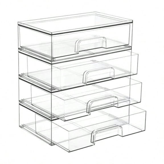 12.1''W Clear Stackable Storage Drawers4 Pack Acrylic Plastic Organizers Bins for Makeup Palettes Cosmetics and Beauty plies Ideal for Vanity Bathroom Cabinet Desk Organization