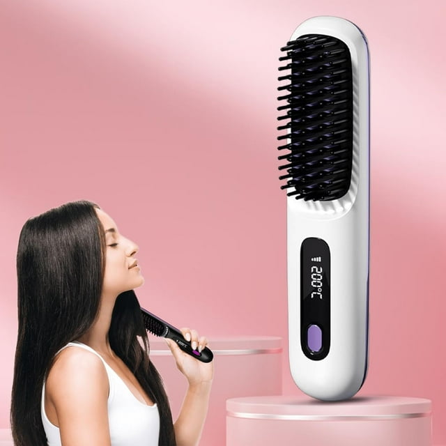 HUGFEGWE Go Brush Pro Hair Straightener Brush,Portable Straightener Comb with LCD Temperature Display,Gobrush Pro Rechargeable Fast Heating Cordless Mini Ionic Straightener for All Hair CA919-146923