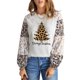 thumbnail image 1 of ABPHQTO Top De Mujer Con Estampado De Árbol De Navidad De Manga Bloque De Color De Leopardo Beige, 1 of 5