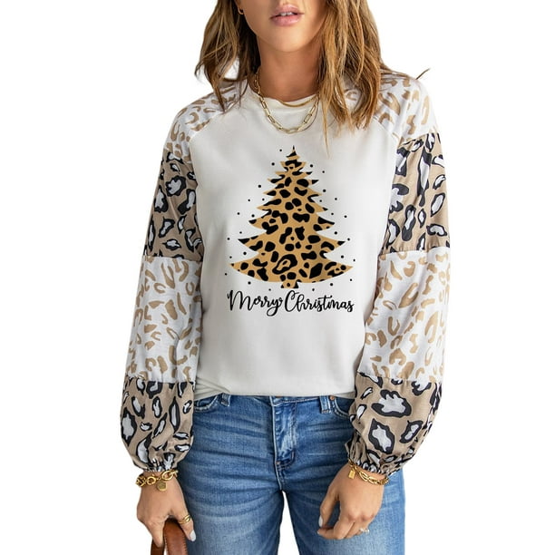 ABPHQTO Top De Mujer Con Estampado De Árbol De Navidad De Manga Bloque De Color De Leopardo Beige
