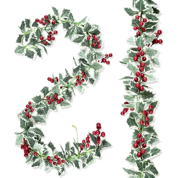 2Pcs Christmas Artificial Garland, Xmas Berry Holly Leaves Garland Christmas Faux Greenery Garland Winter Snowy Red Berries Hanging Vine for Christmas Wedding Party Decoration, Total Length 13.12FT