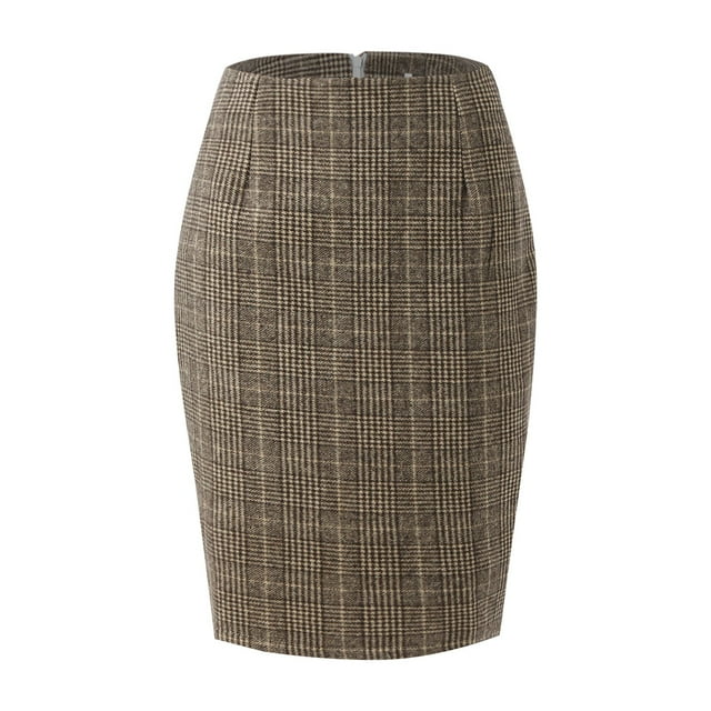 Pencil Plaid Skirts For Women Fall Winter High Waisted Bodycon Knee Length Wool Midi Skirt With Slit