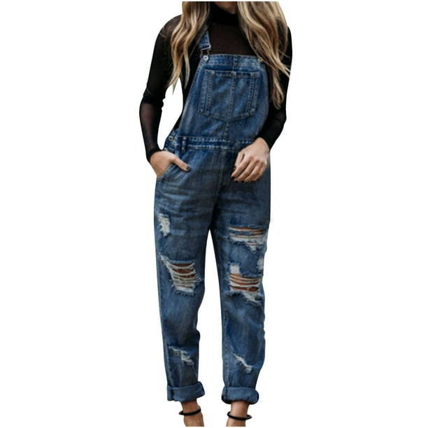 Summer Jumpsuit for Women Denim Solid Color Ripped Denim One Piece  Jumpsuits Ladies Casual Beach Romper