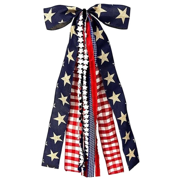 Independence Day Star Plaid Bow Ribbon Decorative Woven Hanging Ornament – Red White Blue Patriotic Decor
