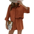 thumbnail image 4 of Liacowi Women 2 Piece Outfits Solid Color Loose Long Sleeve Shirt Elastic Shorts Casual Loungewear, 4 of 6