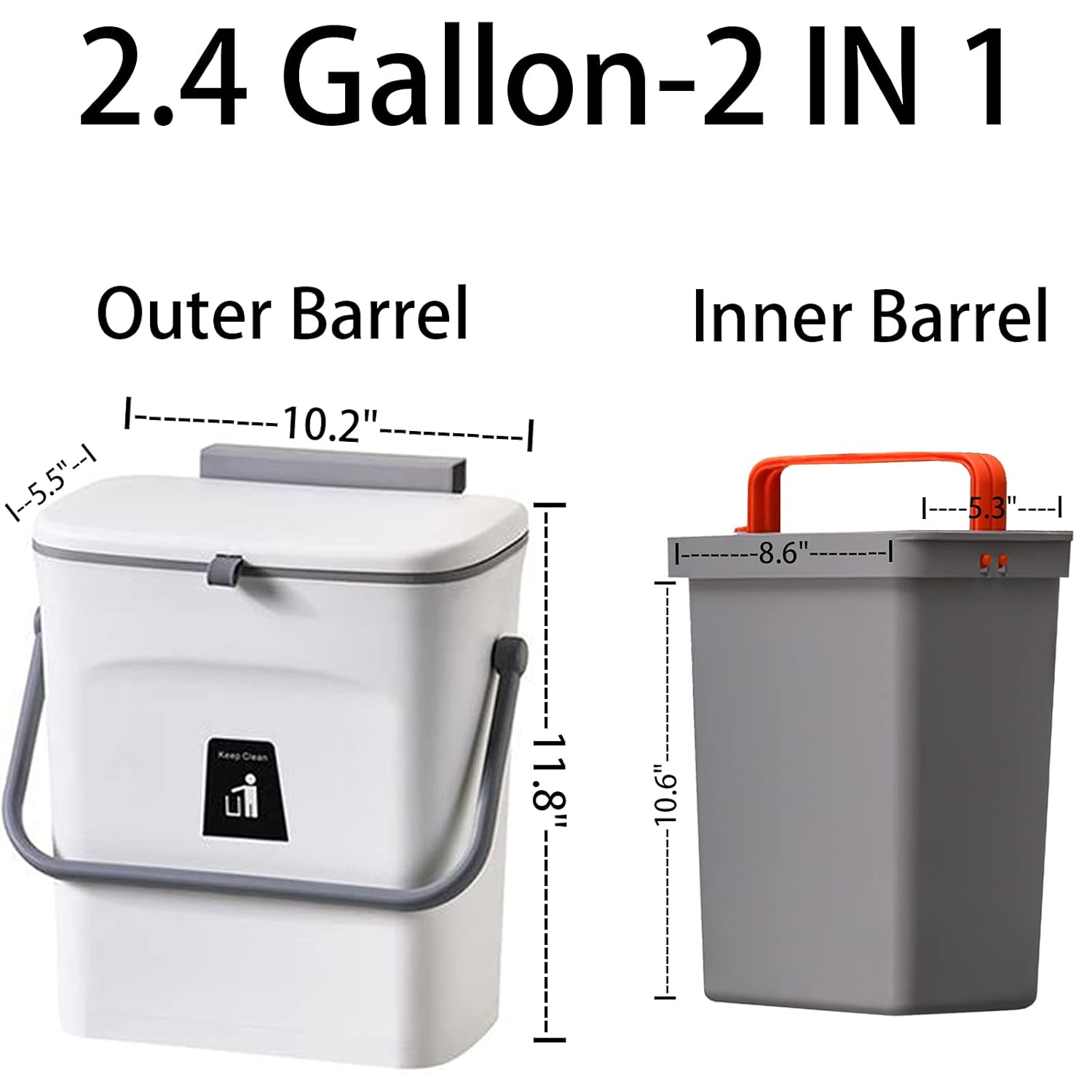 2 in 1 Kitchen Trash Can & Slide Lid, Under Sink Garbage Can, 2.4 Gal Waste Bins & Inner Barrel,Portable Hang Trash Bin, with Sticky Hook & Scraper
