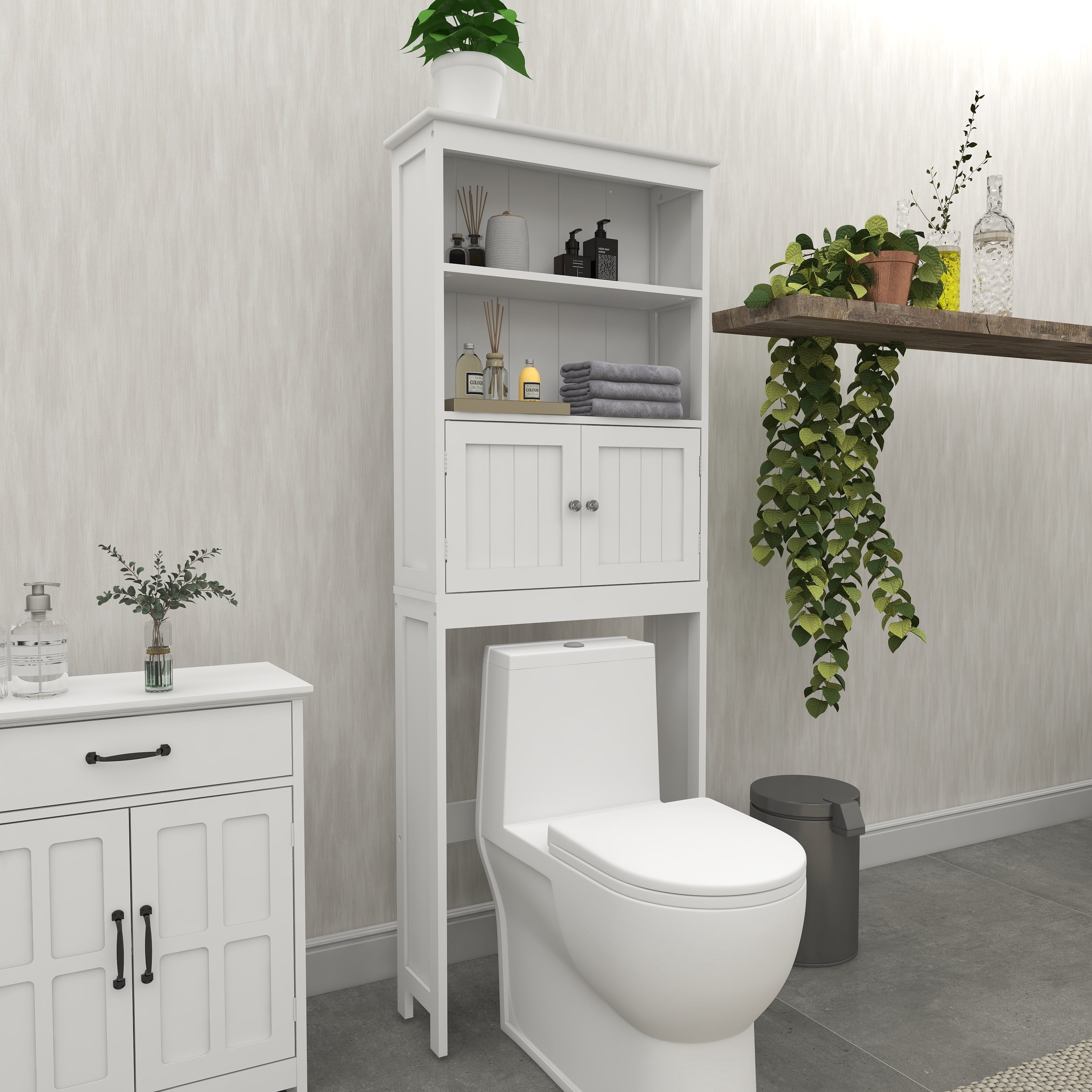 Mintazer Over The Toilet Storage Cabinet, Freestanding 2-Tier Bathroom Storage Shelf with 2 Doors for Bathroom, White