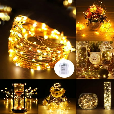 Battery Powered Party String Lights Lightsetc 32ft 100 LEDs 65ft 200 LEDs Copper Wire Fairy String Light Warm White 3AA Batteries Powered 8 Modes Party Xmas Decor Rope Flexible Light ()