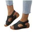 thumbnail image 3 of Woman Sandals Summer Retro Solid Colour Leather Slope Heel Thick Bottom Fish Mouth Sandals Slippers Black 40, 3 of 9
