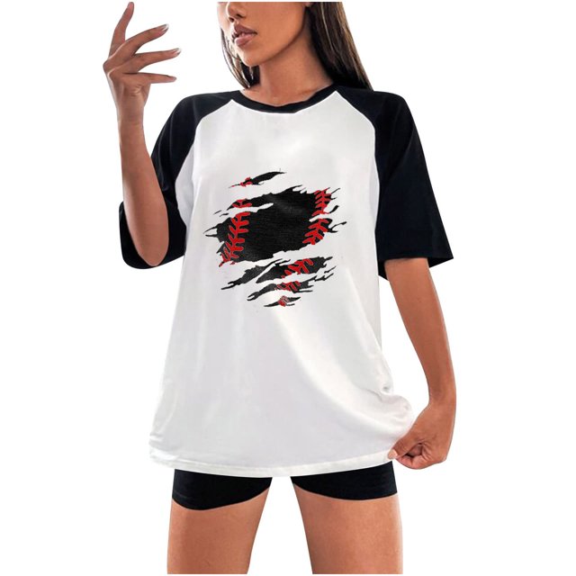 Birdeem Mode Femme Été Col Rond Loisirs Manches Courtes Imprimé Baseball