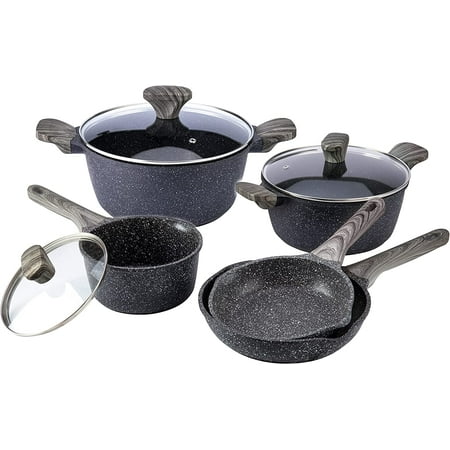 

FSXUOLIPI Nonstick Cookware Sets - 8 Piece Nonstick Cast Aluminum Pots and Pans with BAKELITE Handles - Non-Toxic Pots and Pans- Speckled Black with Black Wood Handles