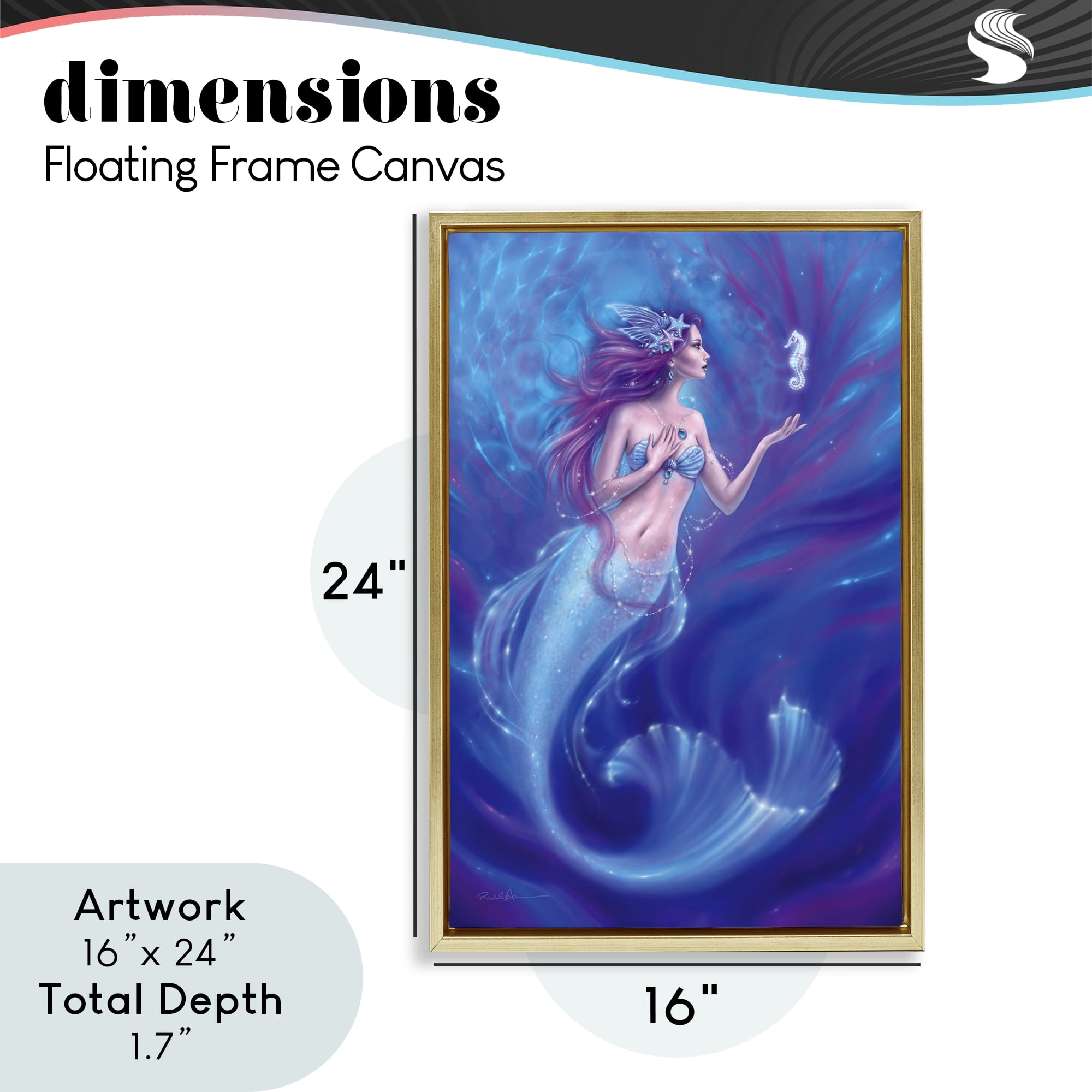 Jewel Bedecked Mermaid & Seahorse Gold Framed Floater Canvas Wall Art, design by Rachel Anderson