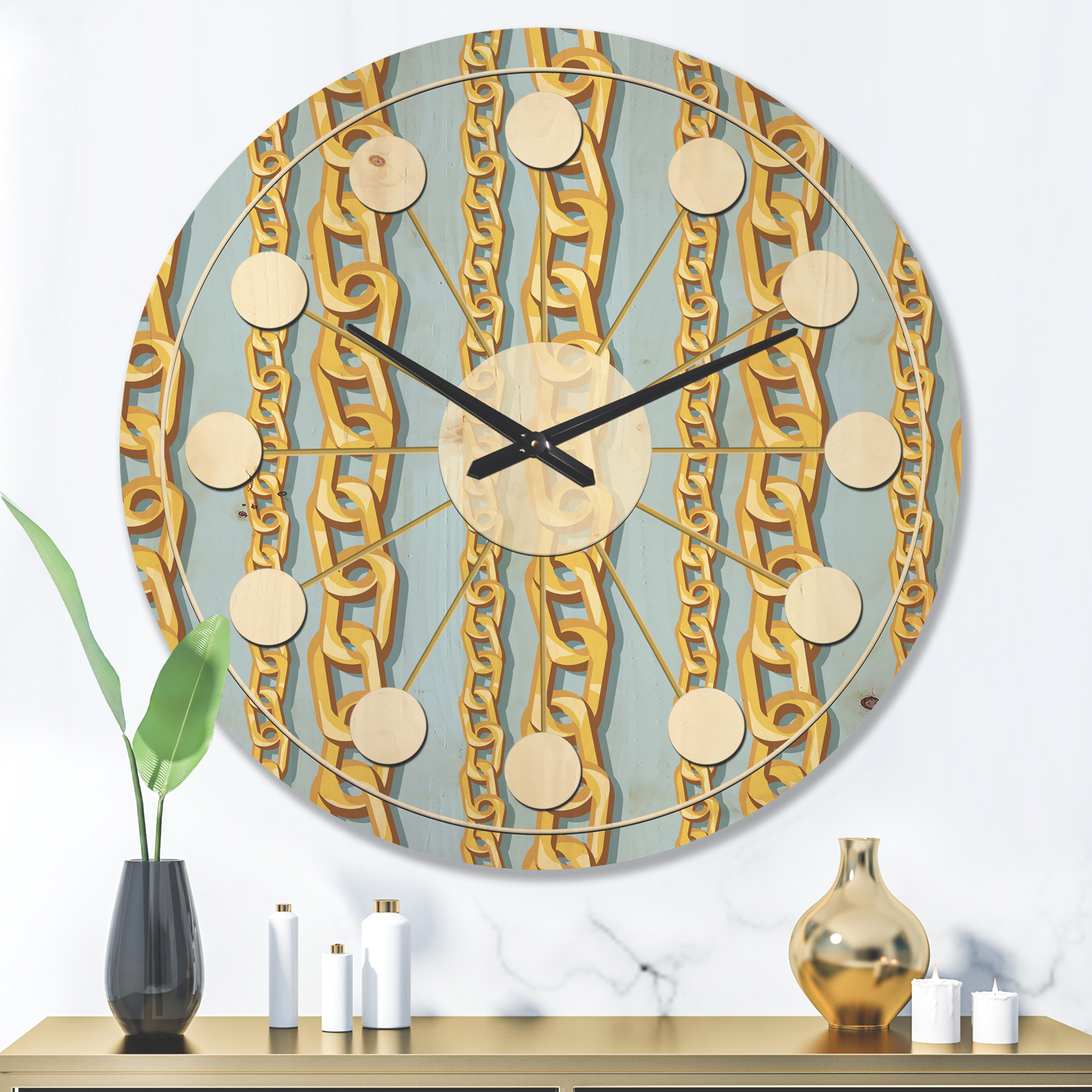 Designart 'Gold Chain Pattern on Blue' Mid-Century Modern Wood Wall Clock