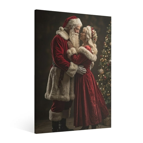 Vintage Christmas Santa Claus and Mrs. Christmas Romantic scene Wall Art Paint Framed - Retro Xmas Festive Winter Holiday Christmas Wall Decor Canvas Print for Living Room Kitchen Home Bedroom Decor
