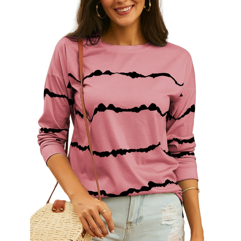 Niuer Women Oversized Tops Stripe Long Sleeve T-Shirt Loose Casual Blouse  Loungewear 