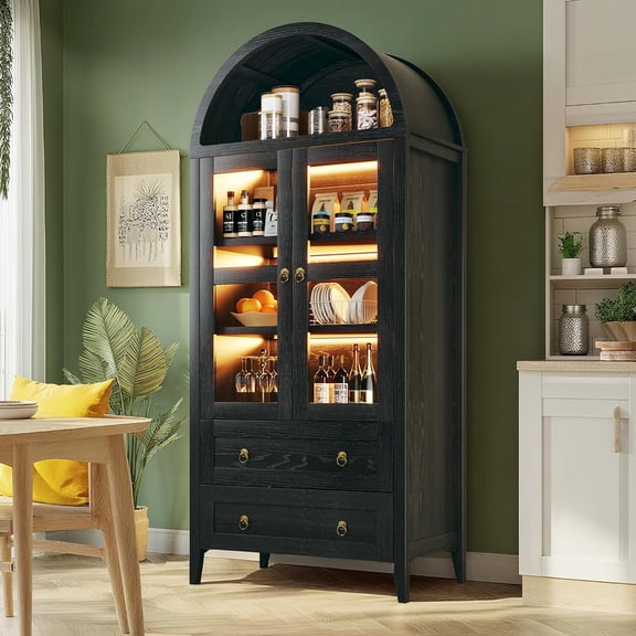 71" Tall Arched Kitchen Pantry, Pantry Cabinet with LED Lights, Kitchen Storage Cabinets with 2 Large Drawers & Adjustable Shelves & Glass Door for Living Room, Dining Room, Black