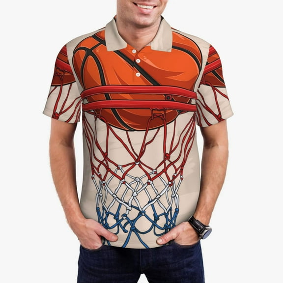 Kdxio Basketball Shot Print Men's Short Sleeve Polo Shirt,Midweight Men's Shirt