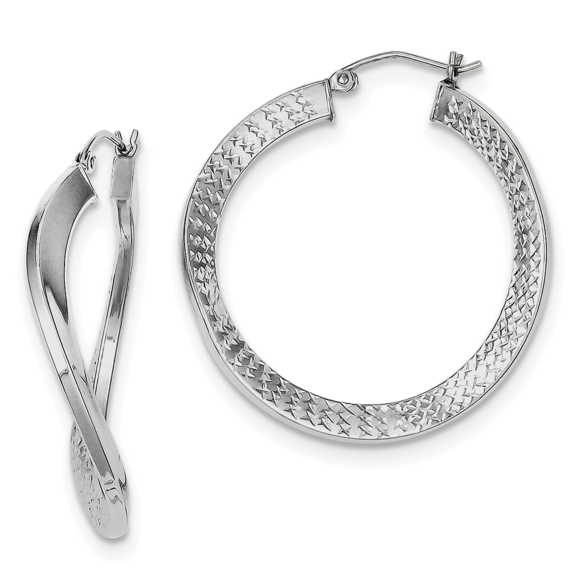 Sterling Silver Rhodium Plated Polished & D/C Hoop Earrings 