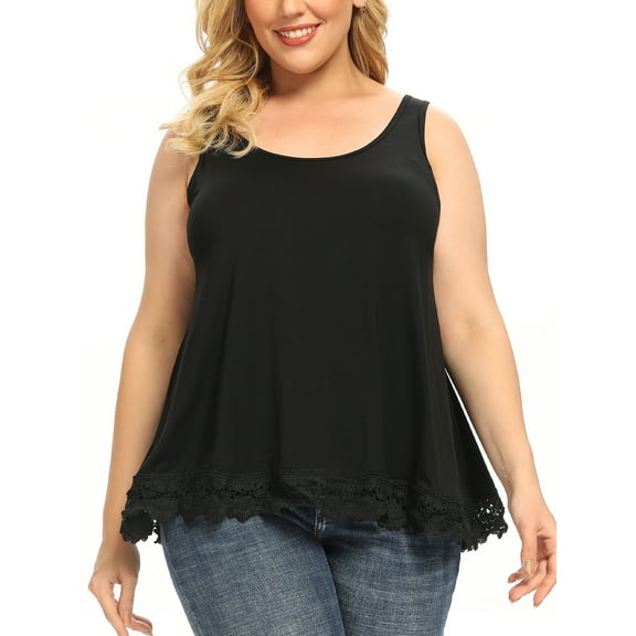 QRIC Women's Cami with Built in Bra Cup Summer Casual Flowy Swing Pleated Plus Size Lace Tank Top with Wide Strap (S-4XL)