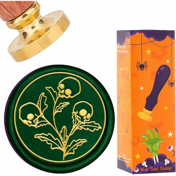 Skull Wax Stamps Wax Seal Stamp 25mm Retro Vintage Skeleton Head Flower Removable Golden Brass Seals Heads with Wooden Handle