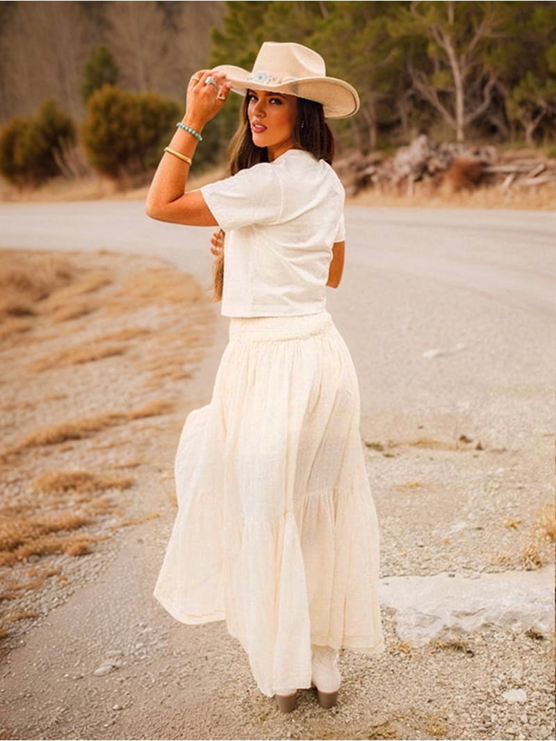 Women'S Western Bohemian Maxi Dress Summer Casual Asymmetrical High-Low Hem  Country Denim Skirt Half Skirt White XL