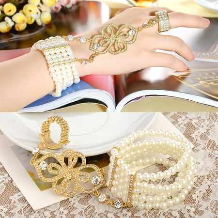 Great Gatsby Inspired Bridal Flower Pattern Art Deco Bracelet Imitation Simulated Pearl Crystal Bracelet Adjustable Ring Set 1920s Flapper Jewelry