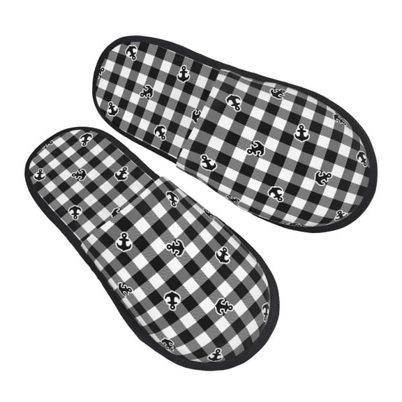 Bingfone Anchor Black Tartan Plaid House Slippers For Women Men With Soft Rubber Sole Slip On For Indoor/Outdoor-Medium