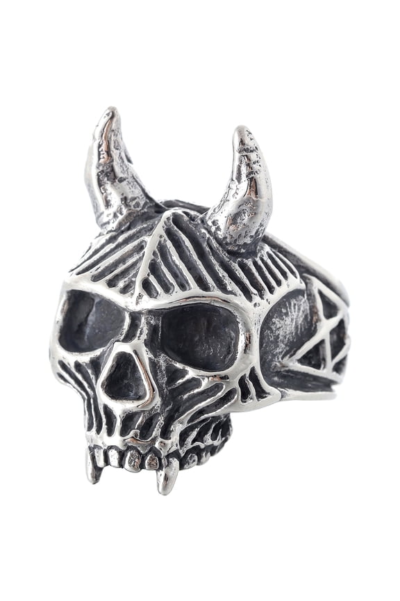 Stainless Steel Skull Ring Hellish Demon Skull with Horns and Vampire Fangs (8)