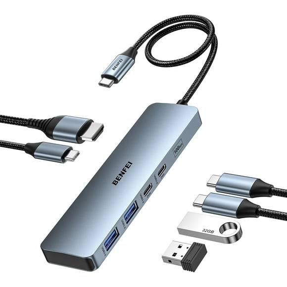 BENFEI Concentrateur USB-C 6-en-1 avec HDMI (4K@60Hz), Alimentation 100W, 10Gbps 2*USB-A et 2*USB-C