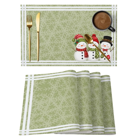 Winter Snowflake White Stripe Placemats Set of 6,Wipeable Washable Table Mats for Dining Tables, Christmas Snowman Sage Green Place Mats for Kitchen Event Party Tabletop Decor