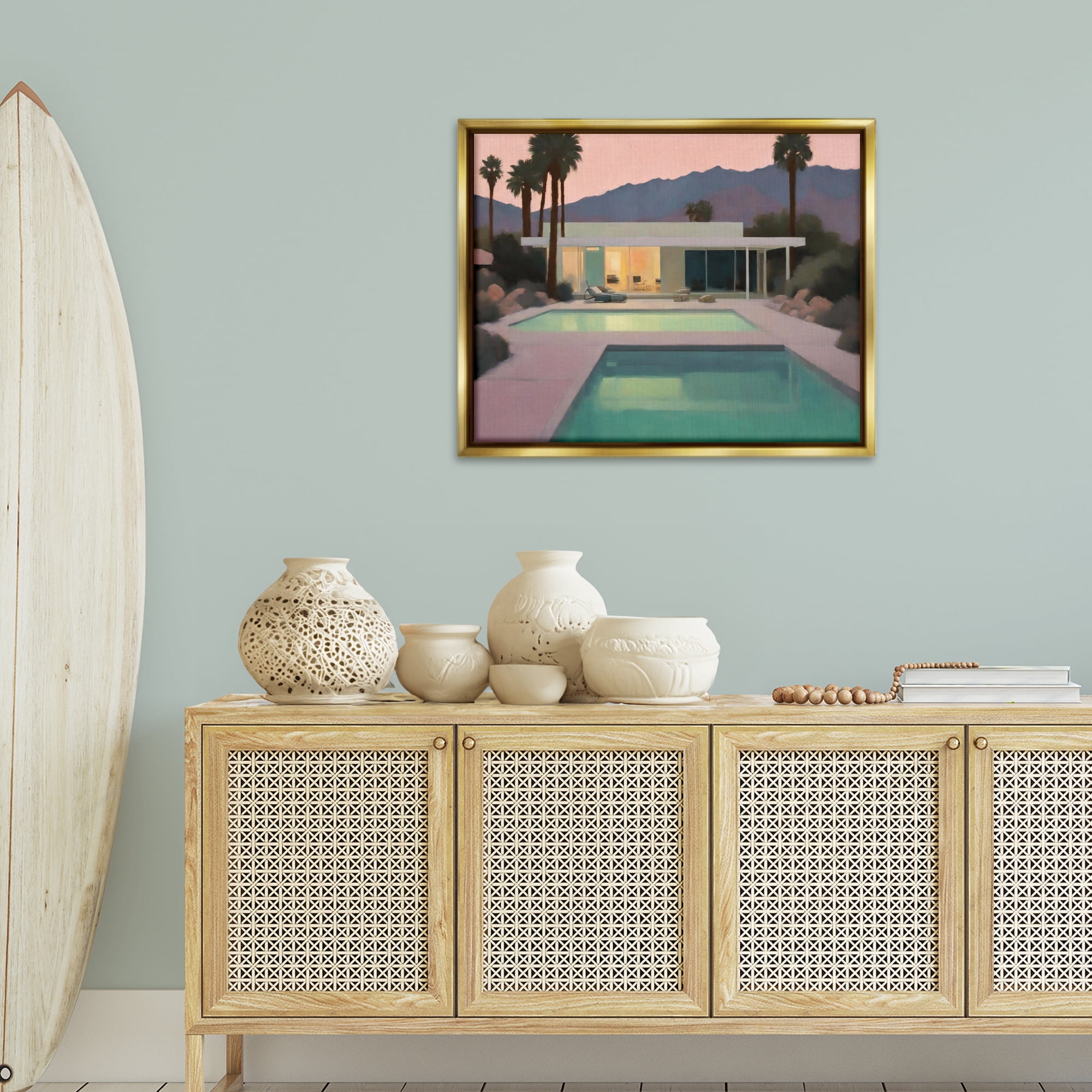 Stupell Industries Tranquil Pool at Sunset Landscape & Nature Painting Gold Floater Framed Canvas Art Print Wall Art, 31 x 25