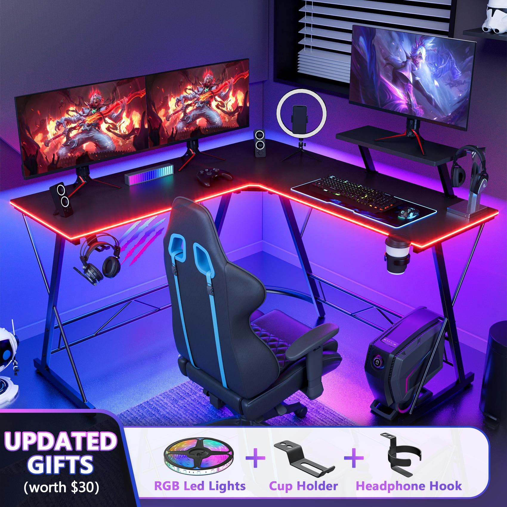 Mr IRONSTONE 51 inch L Shaped Gaming Desk with LED Lights, Corner Computer Desk for Home Office, Black Writing Workstation with Large Monitor Stand, Easy to Assemble