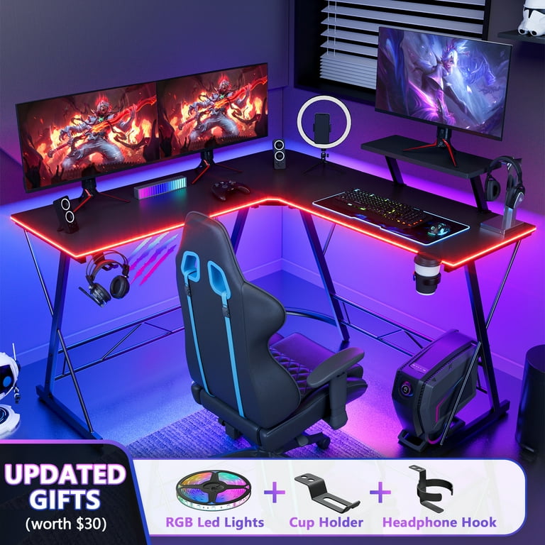 Mr IRONSTONE 51 Inch L-Shaped Gaming Desk with LED Lights