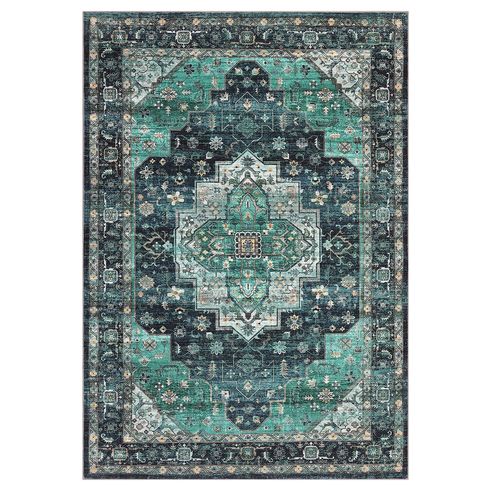 Garvee Vintage Rug 9'x12' Washable Rugs Large Area Rug Floral Print Rug Stain Resistant Non-Shedding Rug, Dark Teal