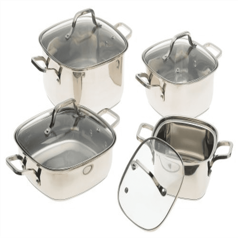 Prime Cookware 8 Piece Square Stainless Steel Cookware Set with Glass