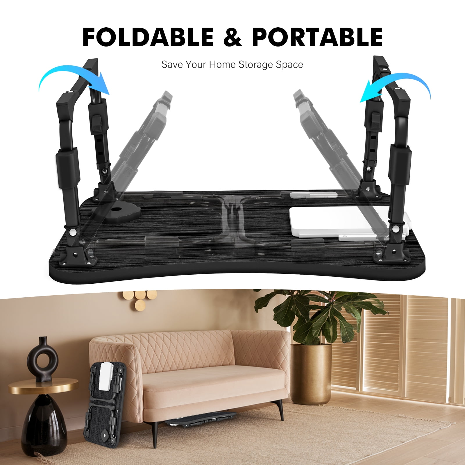 Foldable Laptop Desk,Height Adjustable,with USB/Storage Drawer/Cup Holder/Tablet Stand/Book Shelf for Reading,Writing,Eating,Watching,Black