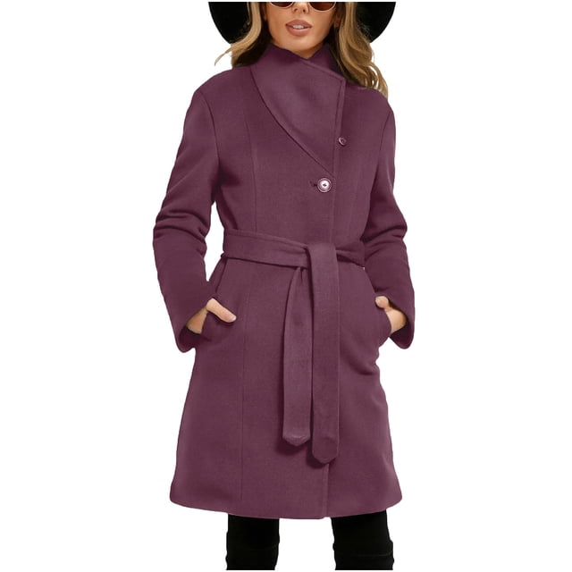 AUNVITO Women's Wool Blend Coat High Neck Button Detail Long Sleeve Jacket Casual and Chic Outerwear