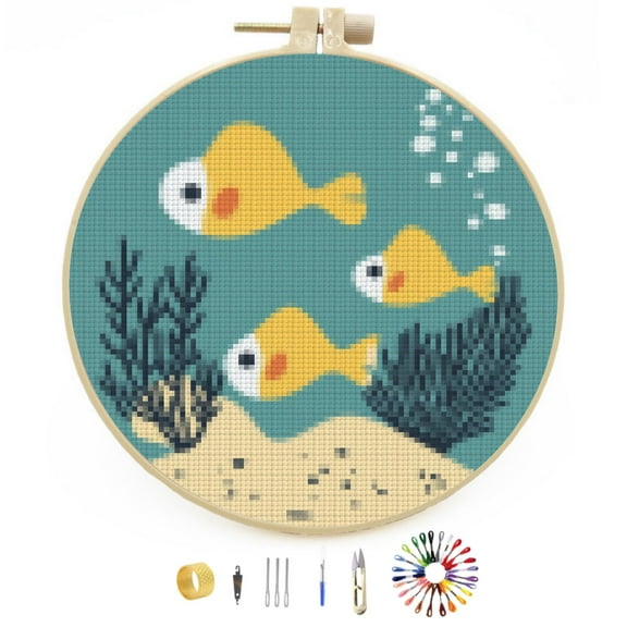 DIY Stamped Cross Stitch Kits Little Sea Fishes and Coral Easy for Beginners with Hoop 11CT Counted Embroidery Needlepoint Crafts Arts for Handmade Enthusiasts and Home Decor 30x30cm（2）