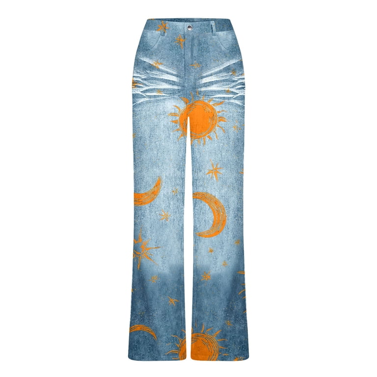 PWPSG Women's Wide Leg Jeans, High Rise Allover Star Moon Print