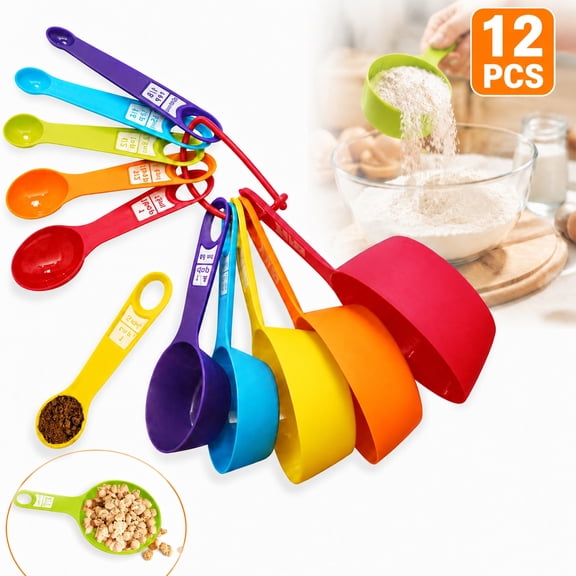 Deally 12 Piece Measuring Cups and Spoons Set Color Coded Nesting Kitchen Measuring Tools for Dry and Liquid Ingredients Dishwasher Safe Durable