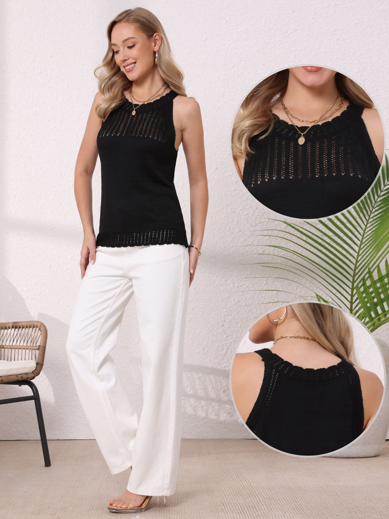 DARING DIVA Women's Casual Crew Neck Sleeveless Sweater Vest Beach Top S Black