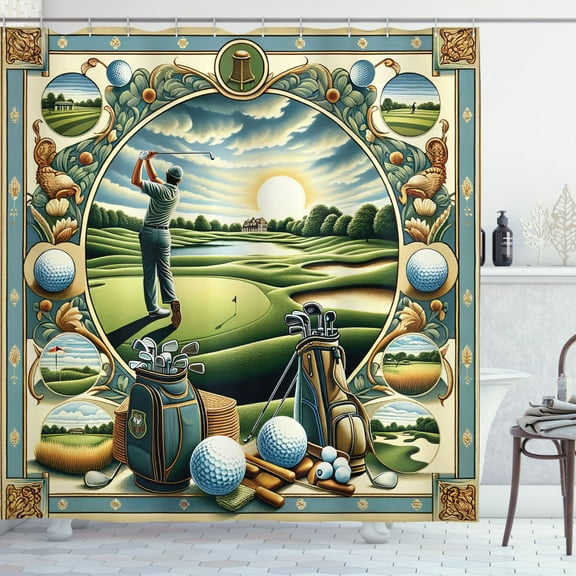 Ambesonne Golf Themed Shower Curtain, Classicism Painting, 69"Wx70"L, Fern Green Blue and Mustard