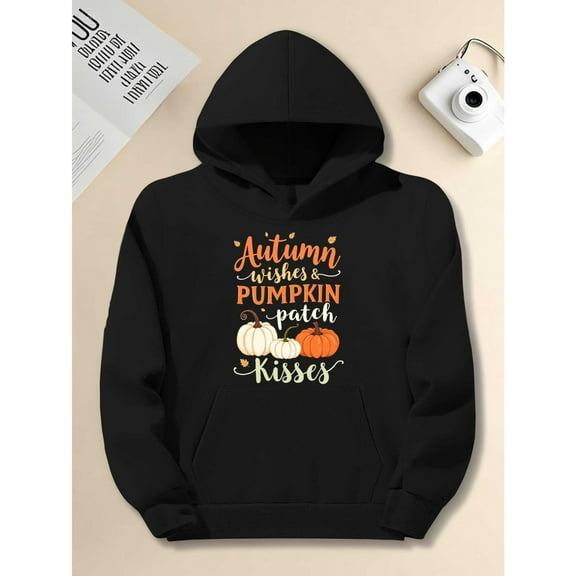 Pumpkin Patch Kisses Graphic Hoodie Sweatshirt Top Autumn Hooded long-sleeved Fall Season Black S-2XL