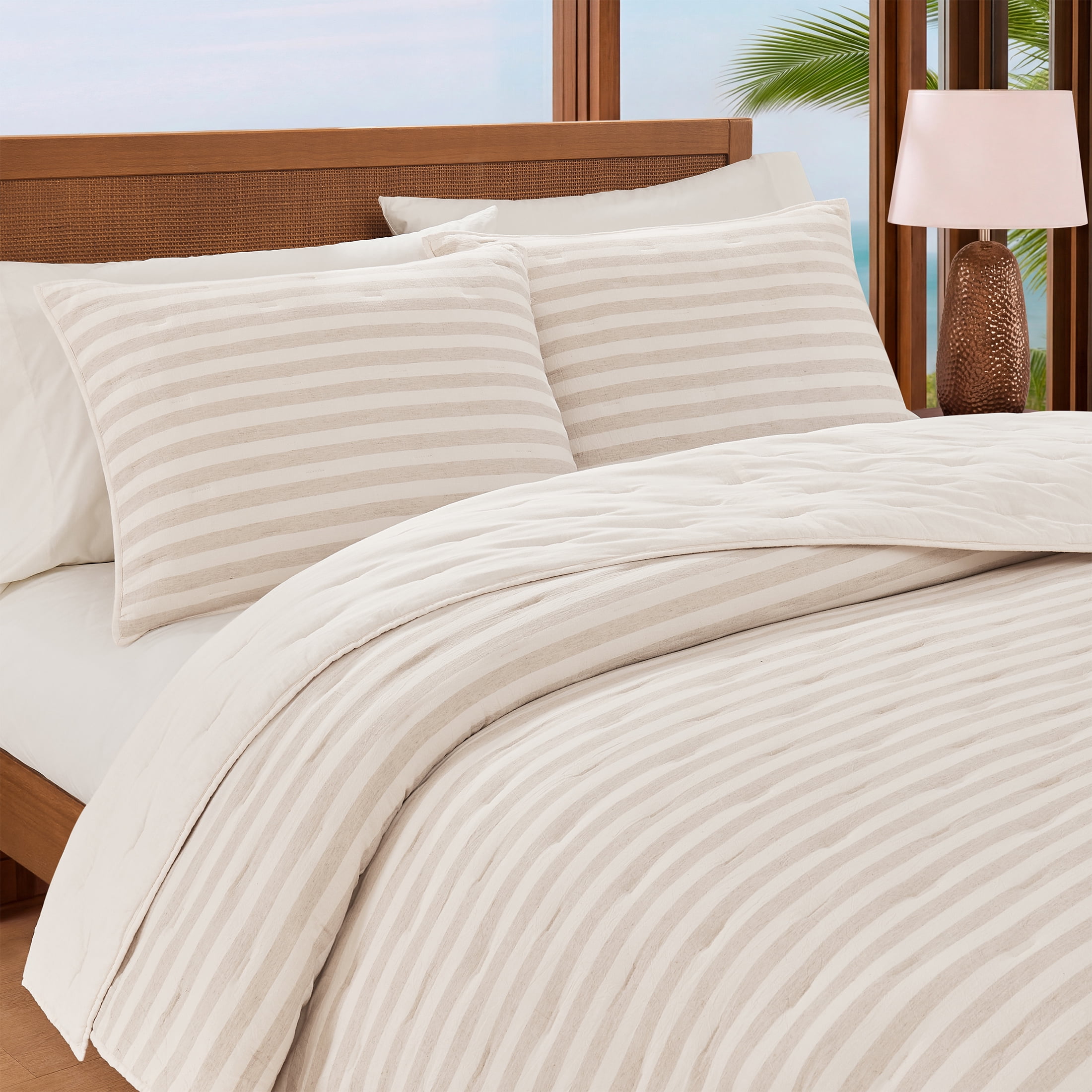 Coastal Living Tropical Luxe Striped 3-Piece Quilt Set, Full/Queen, Natural Ivory & Beige, Cotton-Linen Blend